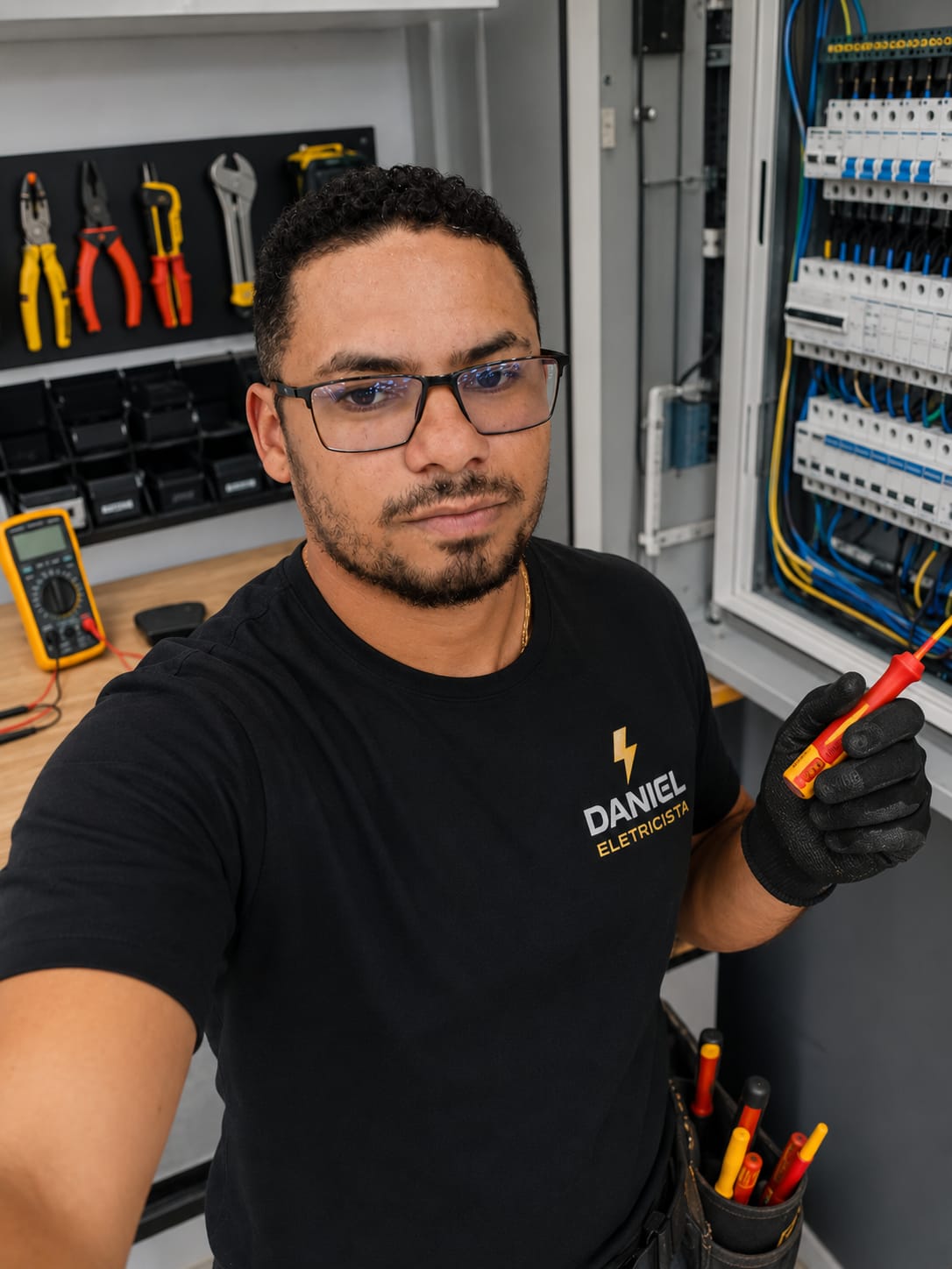 Daniel Eletricista trabalhando em quadro elétrico